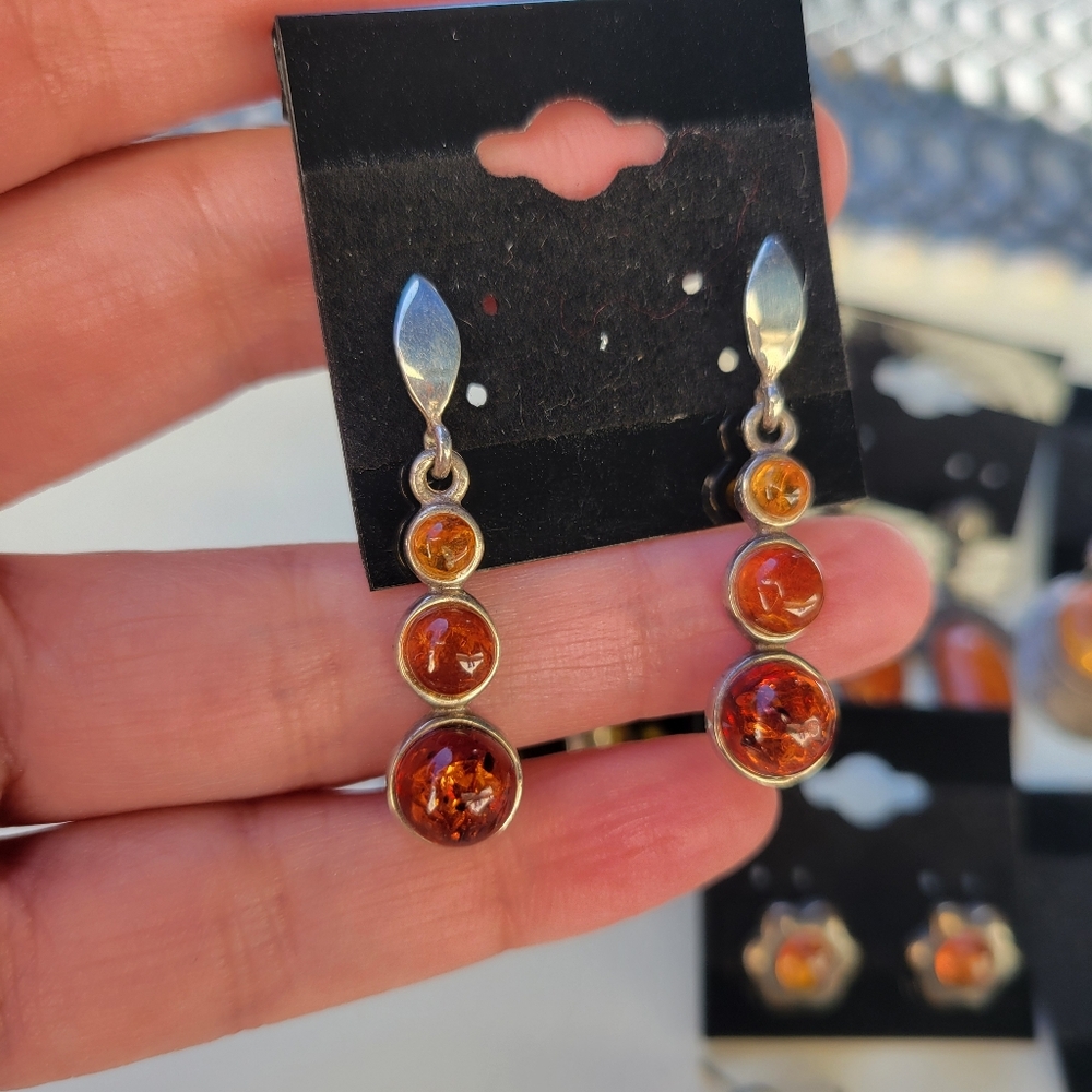 9 Pairs Sterling Vintage Amber Earrings Lot Bundle Estate Set - Picture 3 of 12